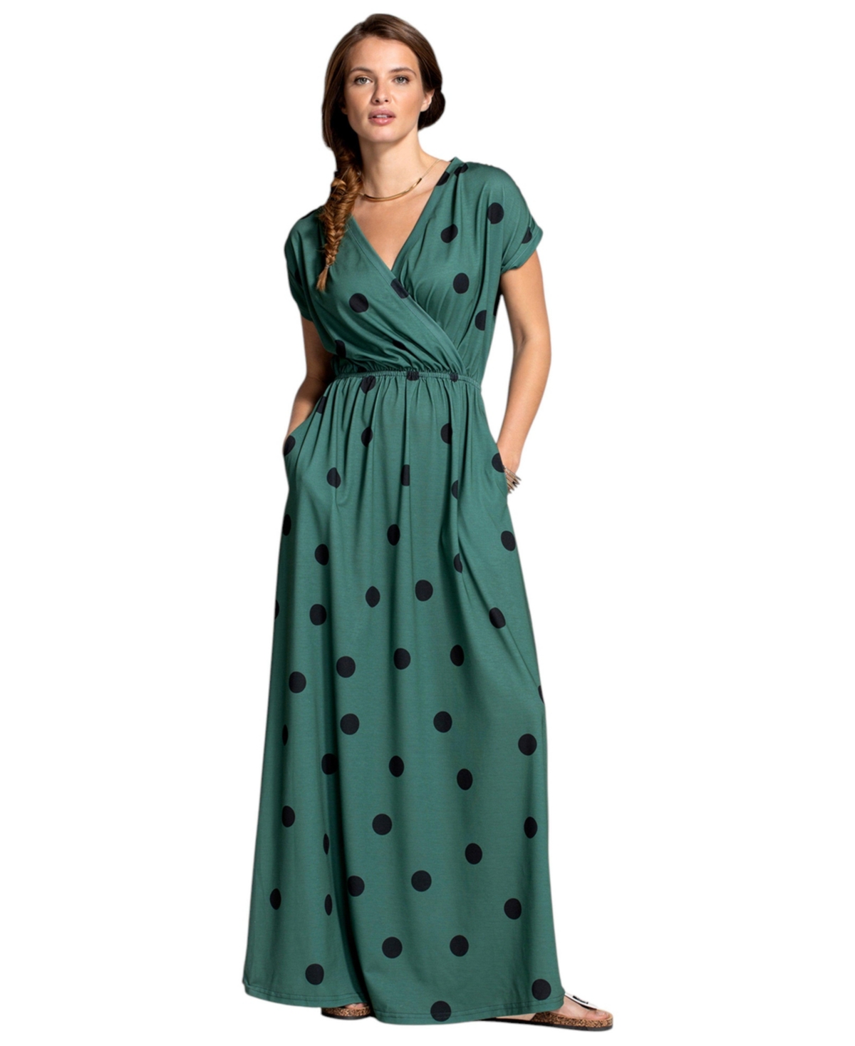 Women's V-Neck Short Sleeve Maxi Dress - Green with black polka dots