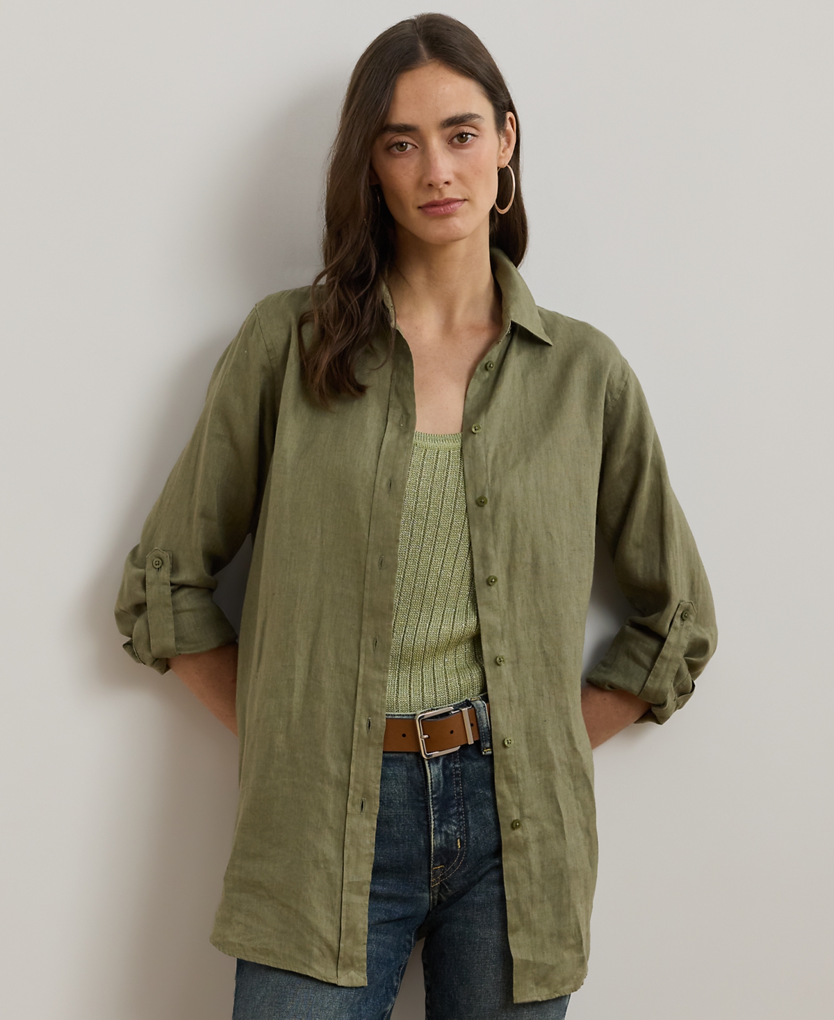 Ralph Lauren Plus Size 100% Linen Roll-tab Shirt