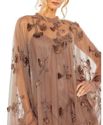 Women's Embellished Long Flare Sleeve Mesh A-Line Dress