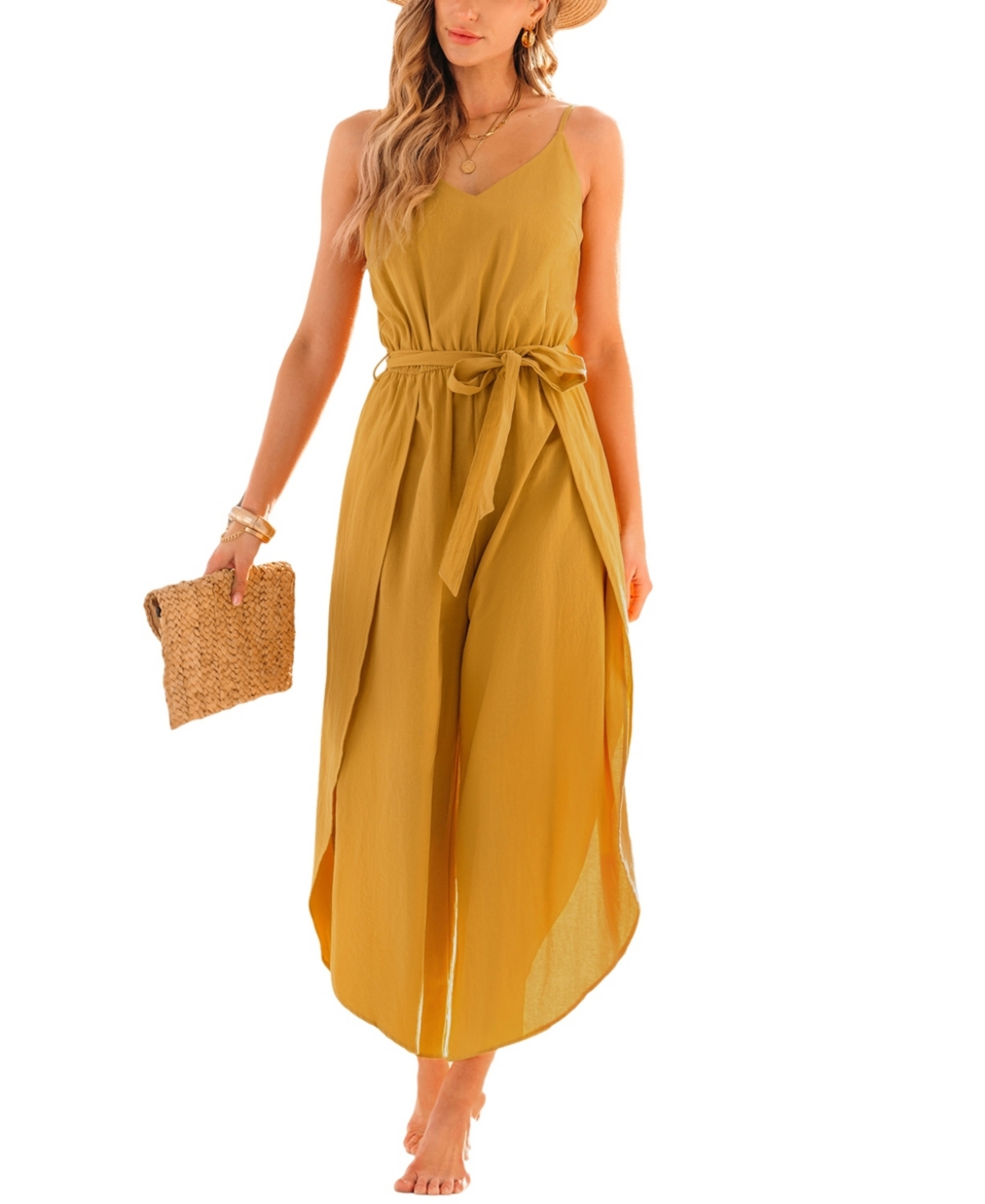 Women's Yellow V-Neck Wide Leg Jumpsuit - Yellow
