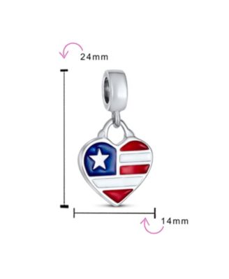 Patriotic Flag Heart Dangle Charm Bead Sterling Silver European Bracelet