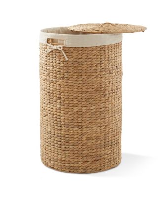 Round Laundry Hamper With Lid Removable Liner Bag Espresso Woven Water Hyacinth Laundry Basket For Clothes