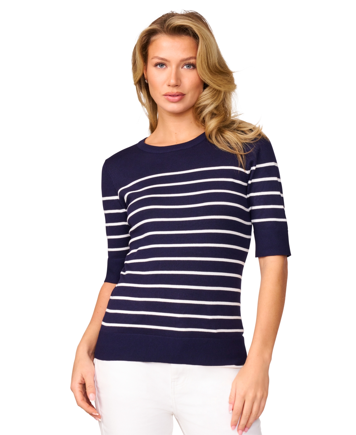 Petite Striped Crew-Neck Elbow-Sleeve Sweater - Navy