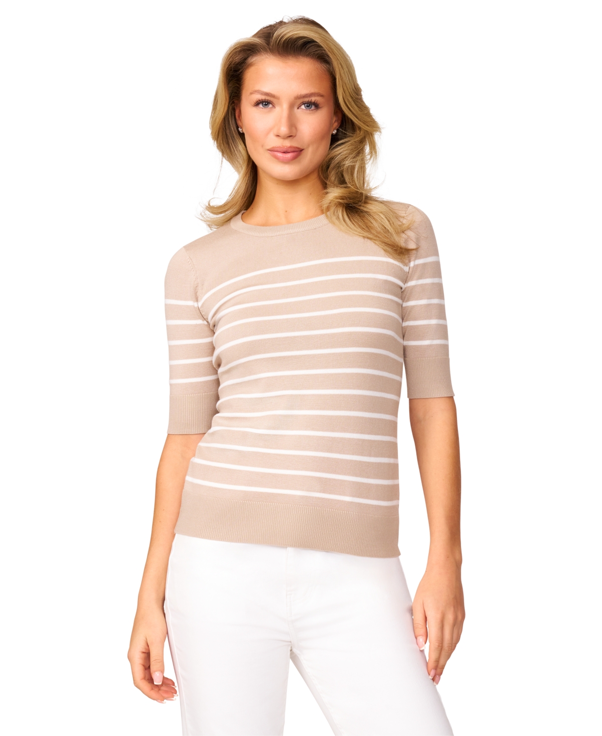Petite Striped Crew-Neck Elbow-Sleeve Sweater - Navy