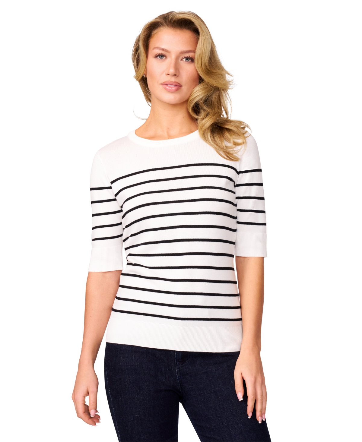 Women's Striped Crew-Neck Elbow-Sleeve Sweater - Snow White