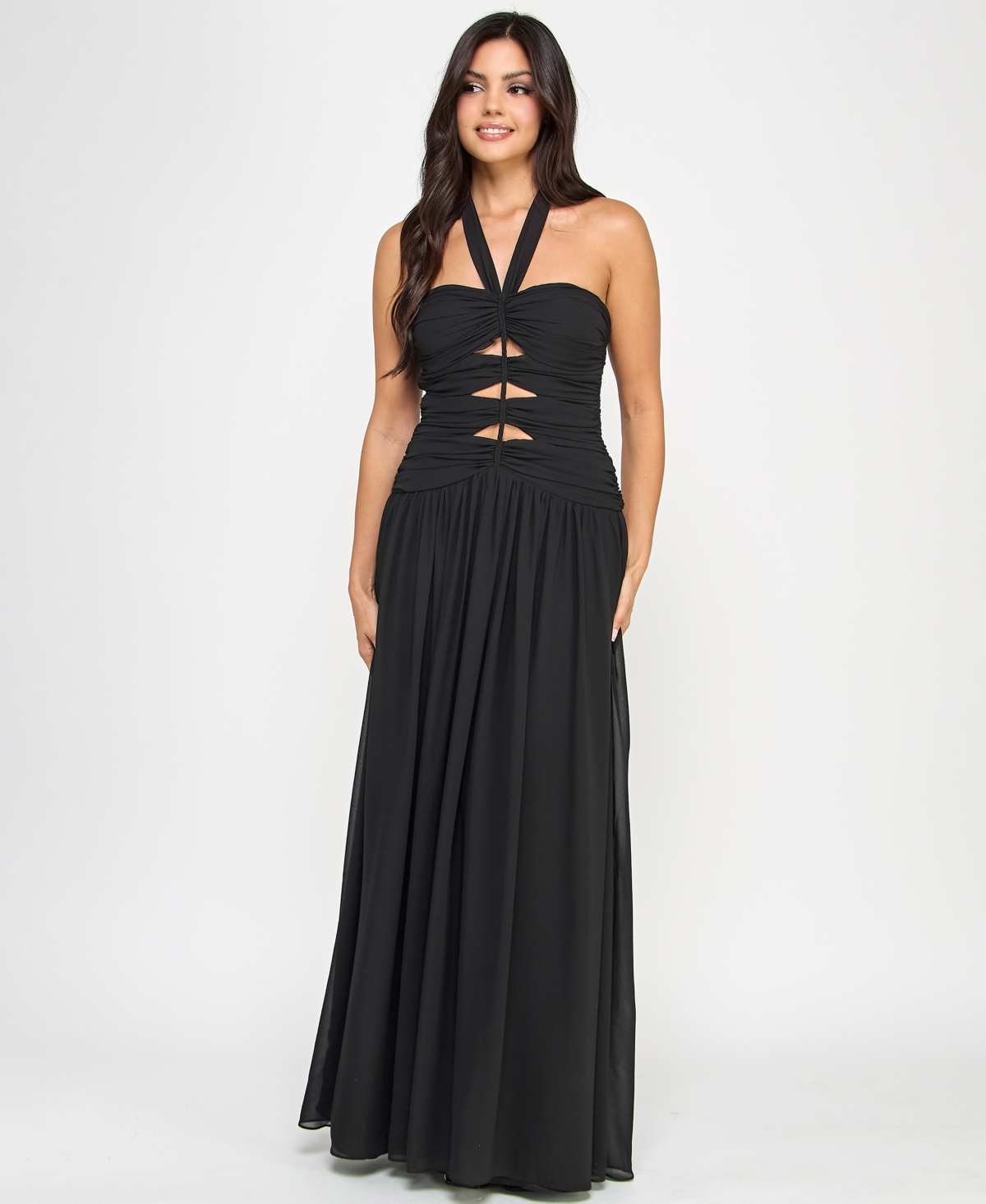 Juniors' Cutout Gathered Sleeveless Halter Gown, Created for Macy's - Black