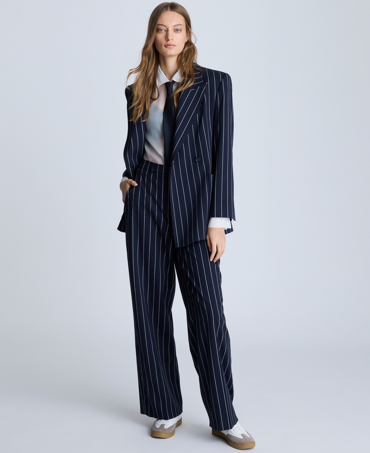 Kenneth Cole High Waist Stripe Wide Leg Pants In Blue