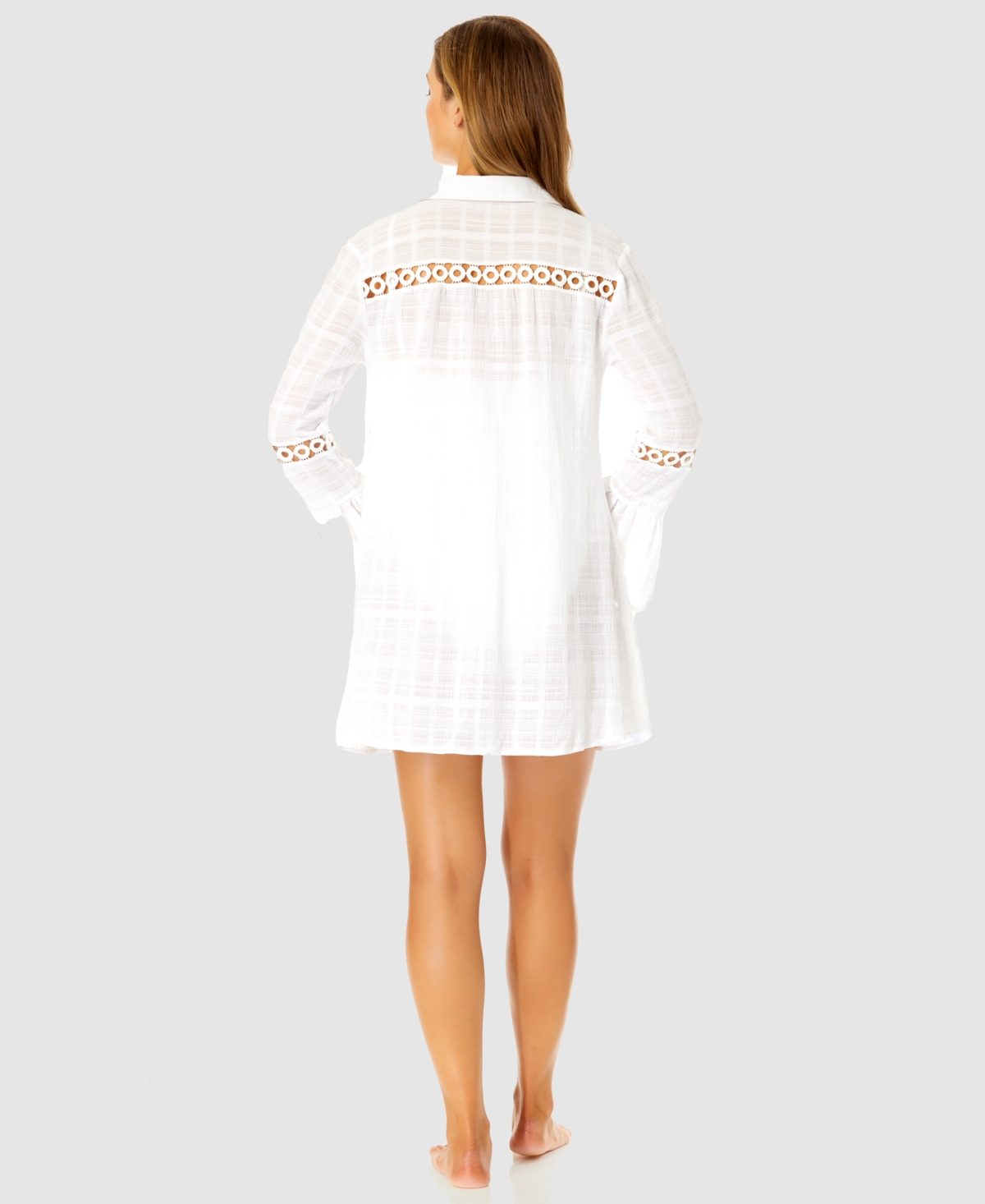 Ibiza Anne Cole Women's Button Up Bell Sleeve Crochet Trim Cover-up Tunic In Bright White