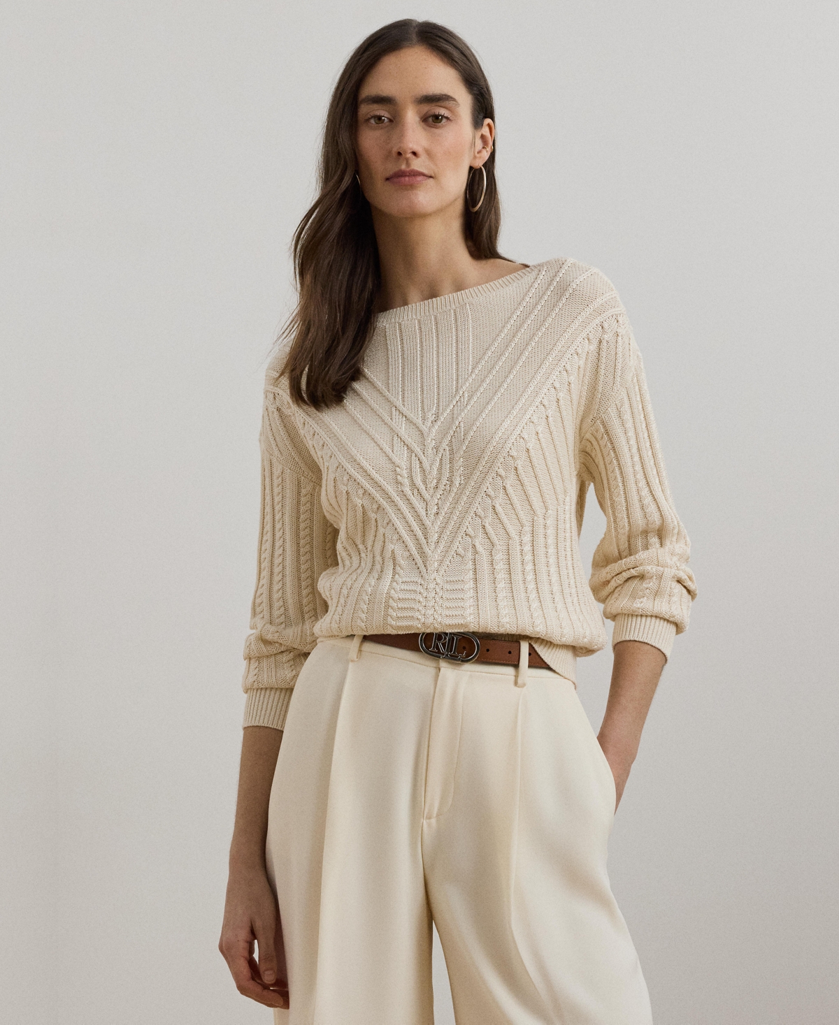 Shop Ralph Lauren Women's Cable-knit Cotton-blend Boatneck Sweater, Regular & Petite In Mascarpone Cream