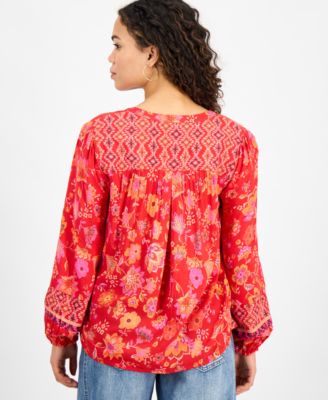 Petite Mixed-Print Button-Front Blouse