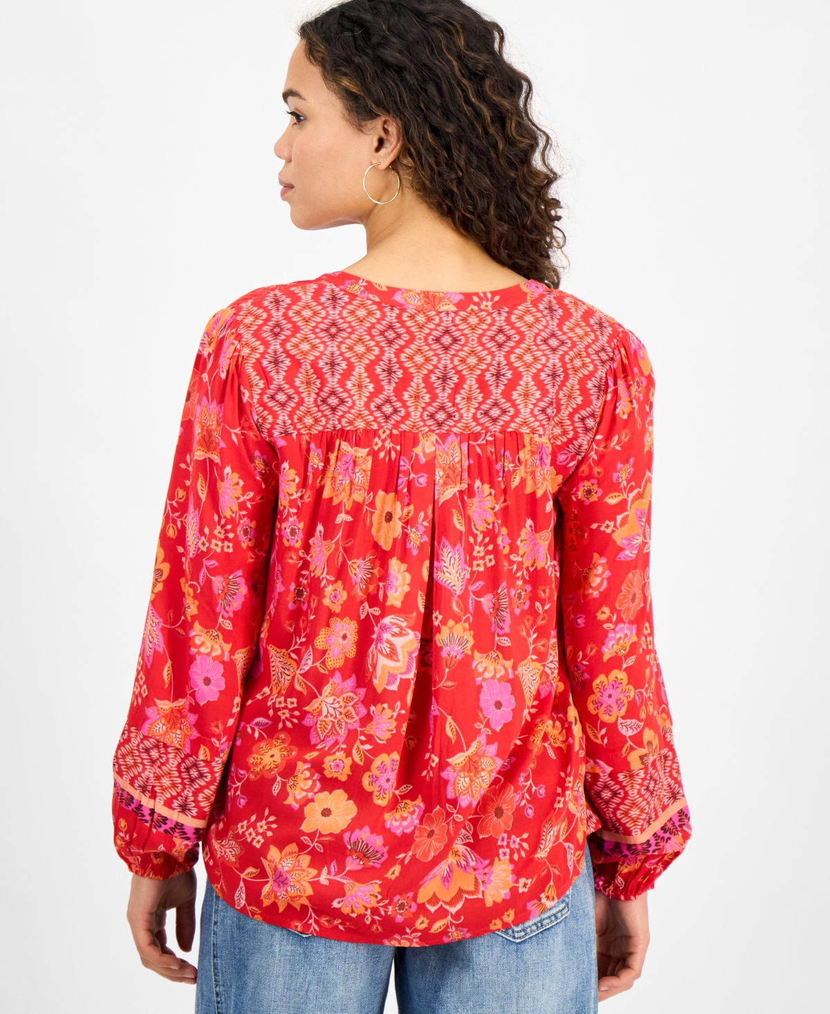 Liverpool Los Angeles Liverpool Plus Size Printed Blouson-sleeve Button-front Blouse In Red