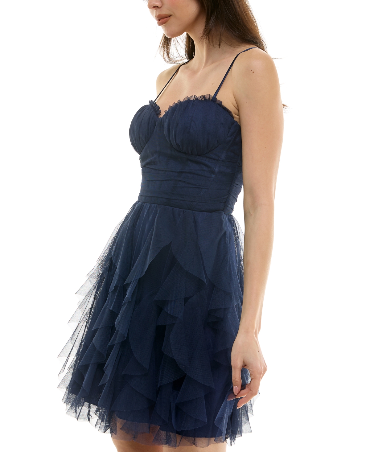 Pear Culture Juniors' Corset-top Petal-skirt Mesh Dress In Navy