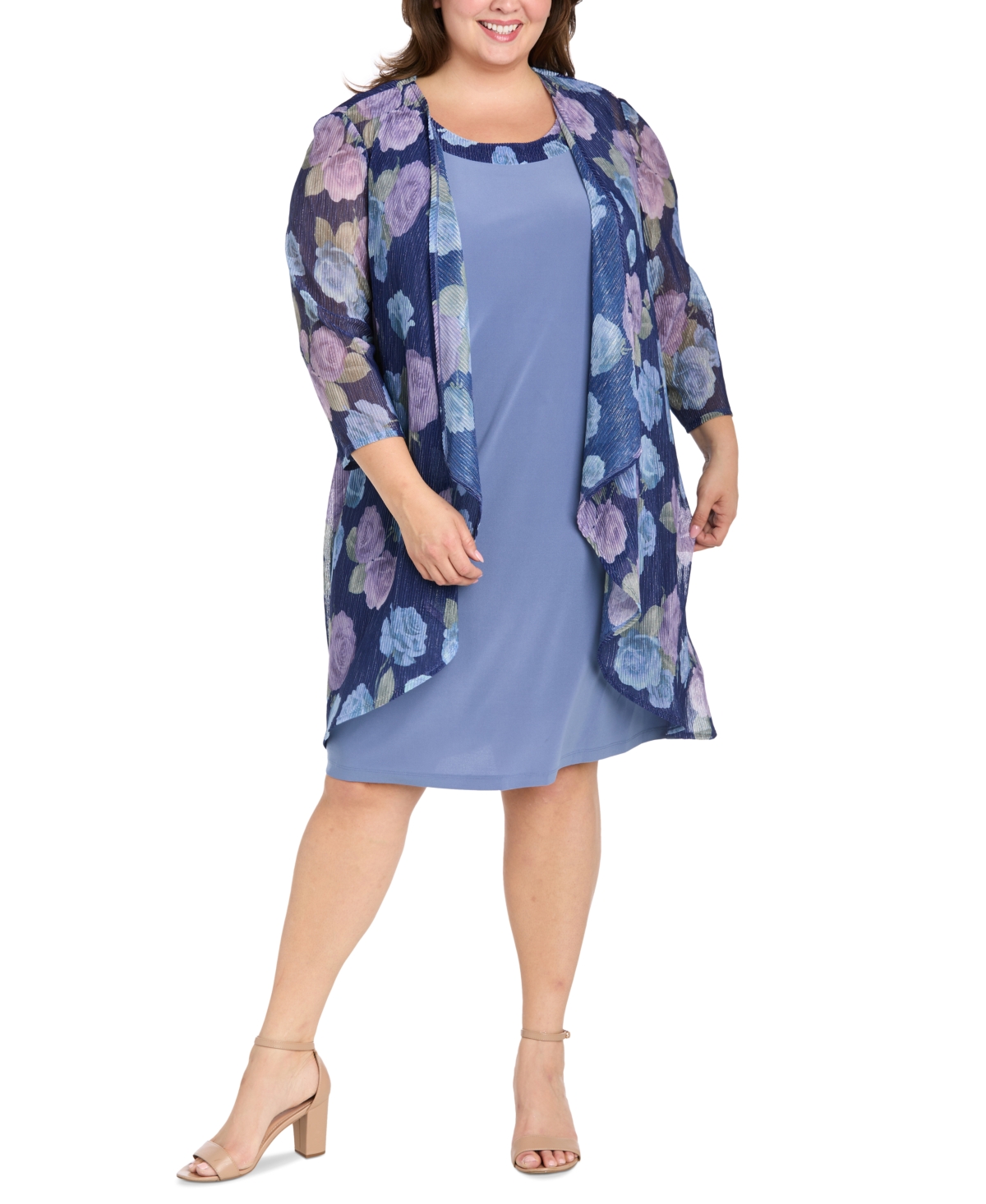 Plus Size Printed Mesh Jacket & Necklace Dress - Cadet Periwinkle