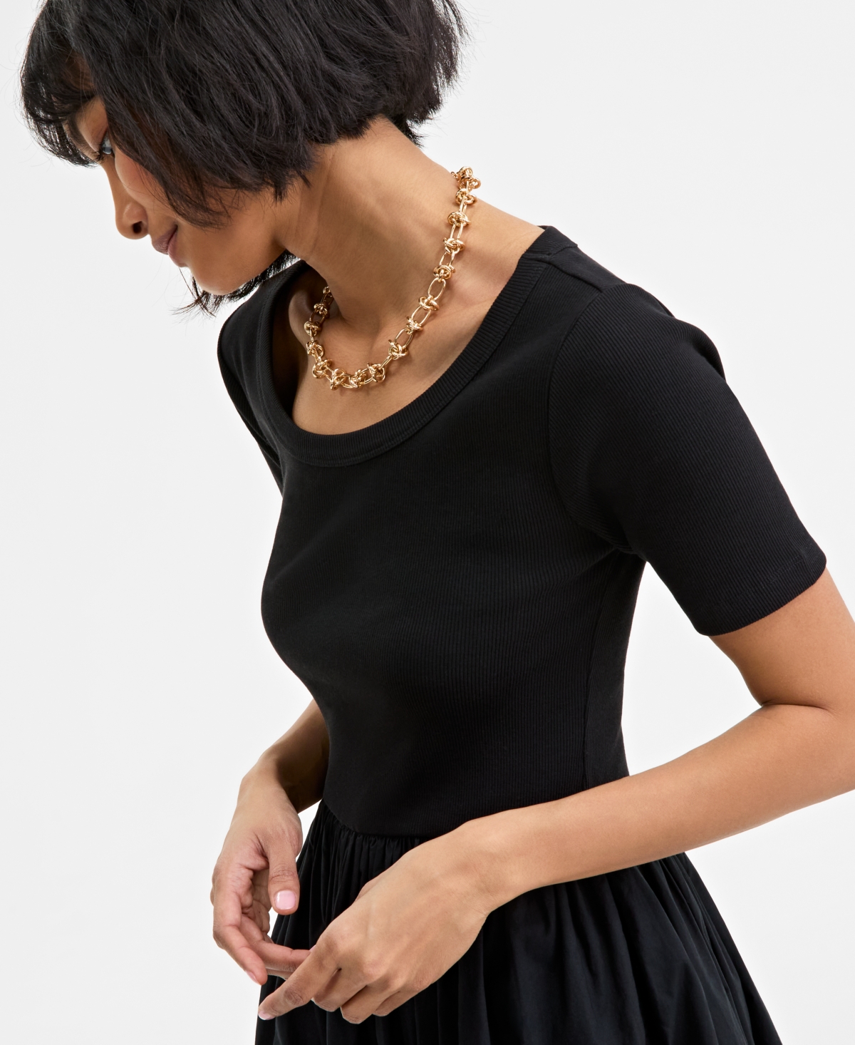 On 34th Trendy Plus Size Scoop-neck Mixed-media Midi Dress, Exclusively At Macy's In Deep Black