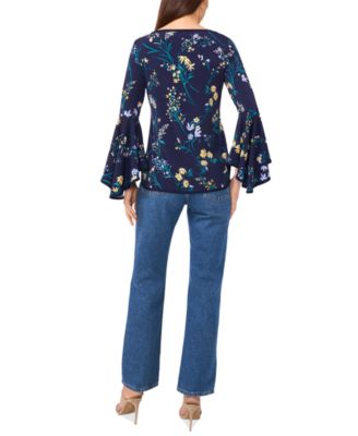 Women's Printed Crewneck 3/4-Bell-Sleeve Blouse