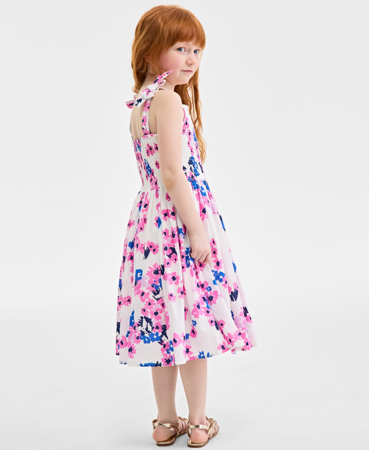 On 34th Little & Big Girls Mommy & Me Woven Cotton Sketched Bouquet-print Tie-strap Smocked Dress, Exclusive In Washed White