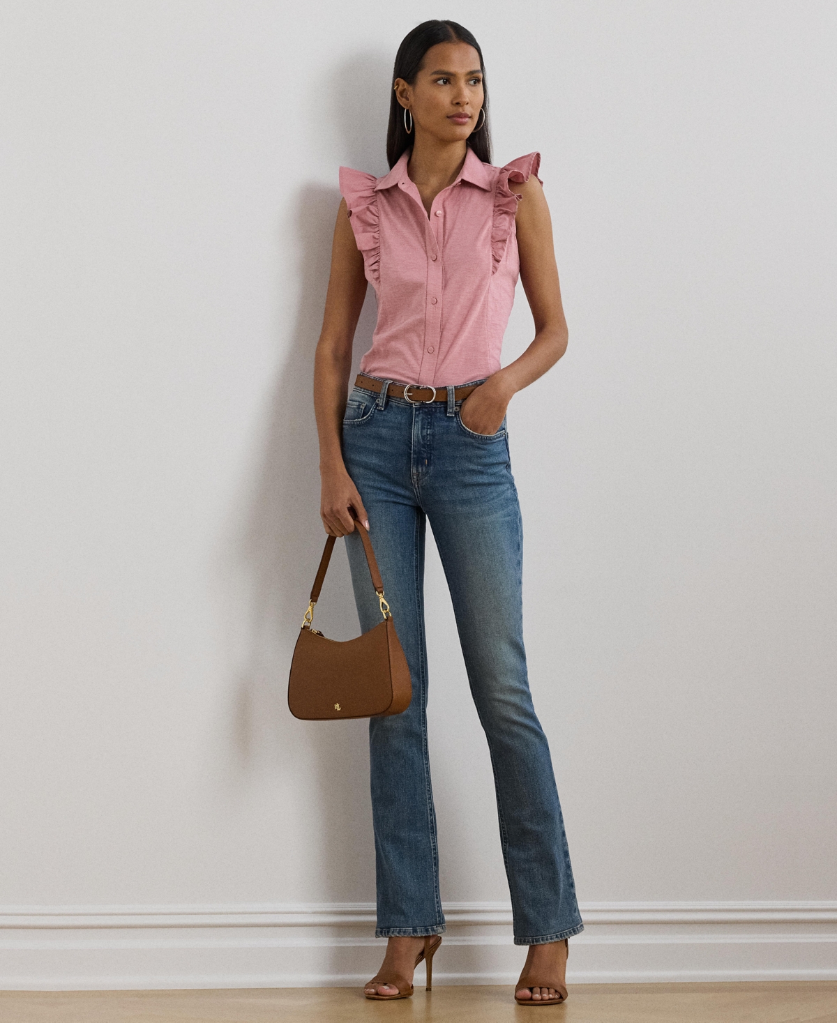 Shop Ralph Lauren Women's Ruffle-trim Jersey Sleeveless Shirt In Rose Mauve