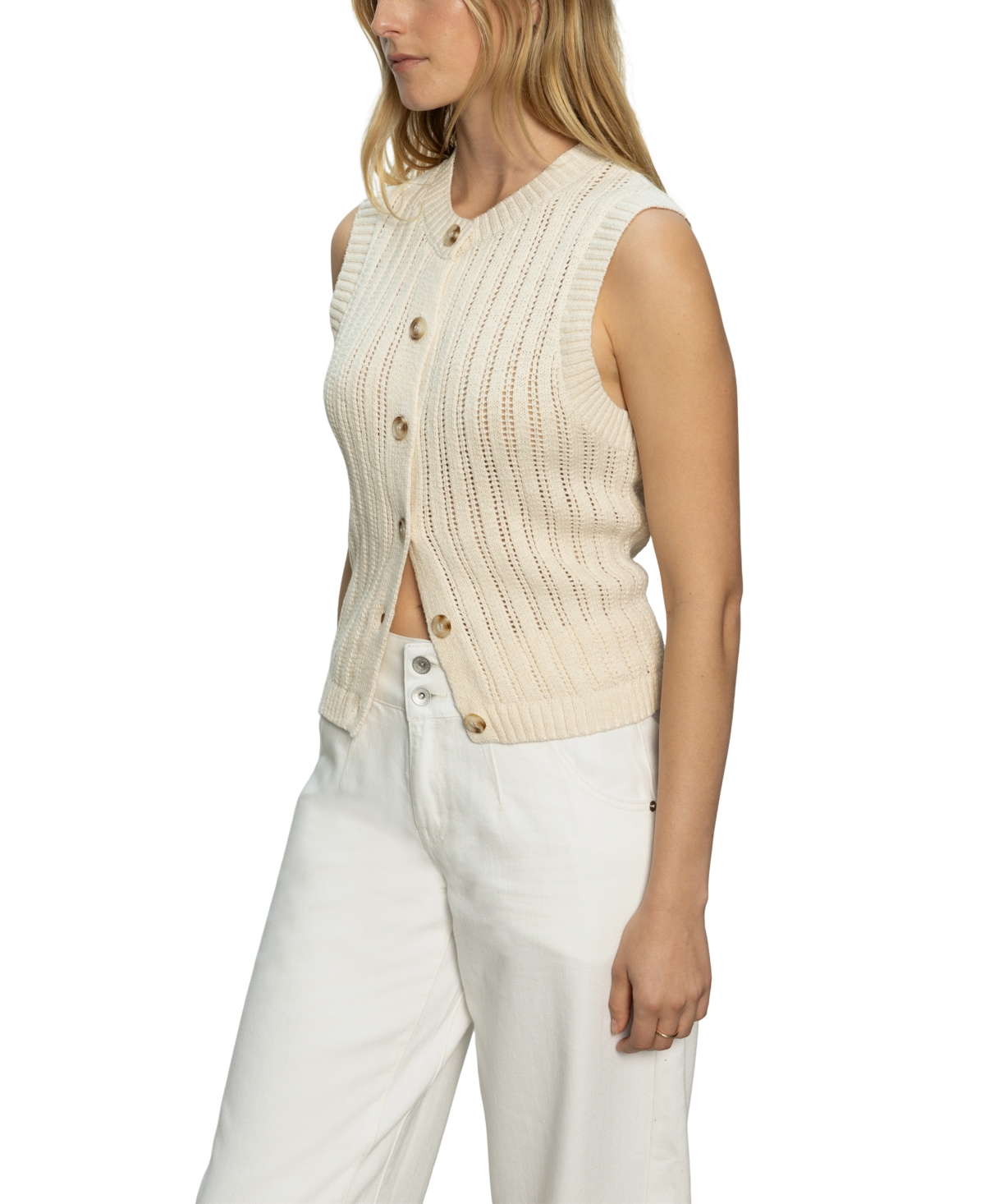 Sanctuary Pointelle Stitch Cotton Button-up Sweater Vest In Eco Natural