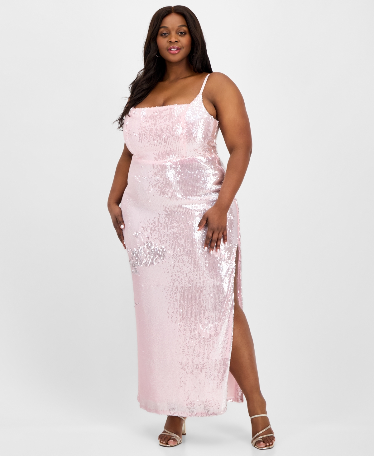 Trendy Plus Size Sequin Square-Neck Gown - Light Pink