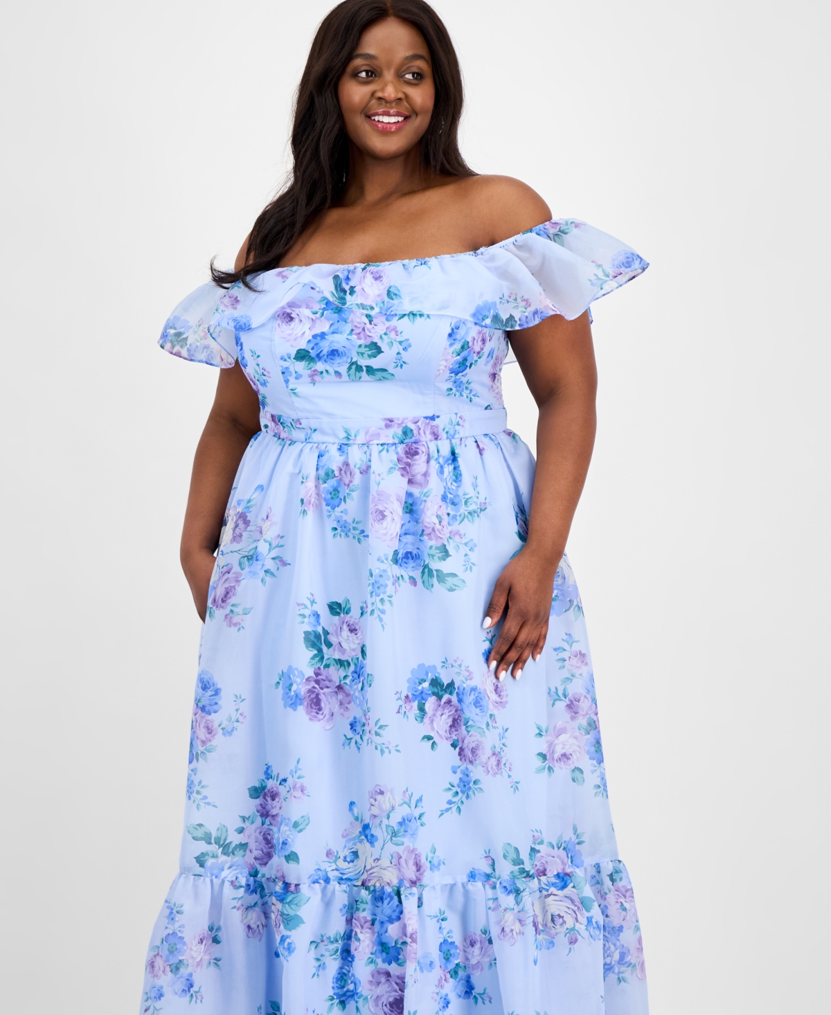 B Darlin Trendy Plus Size Off-the-shoulder Floral-print Gown In Blue