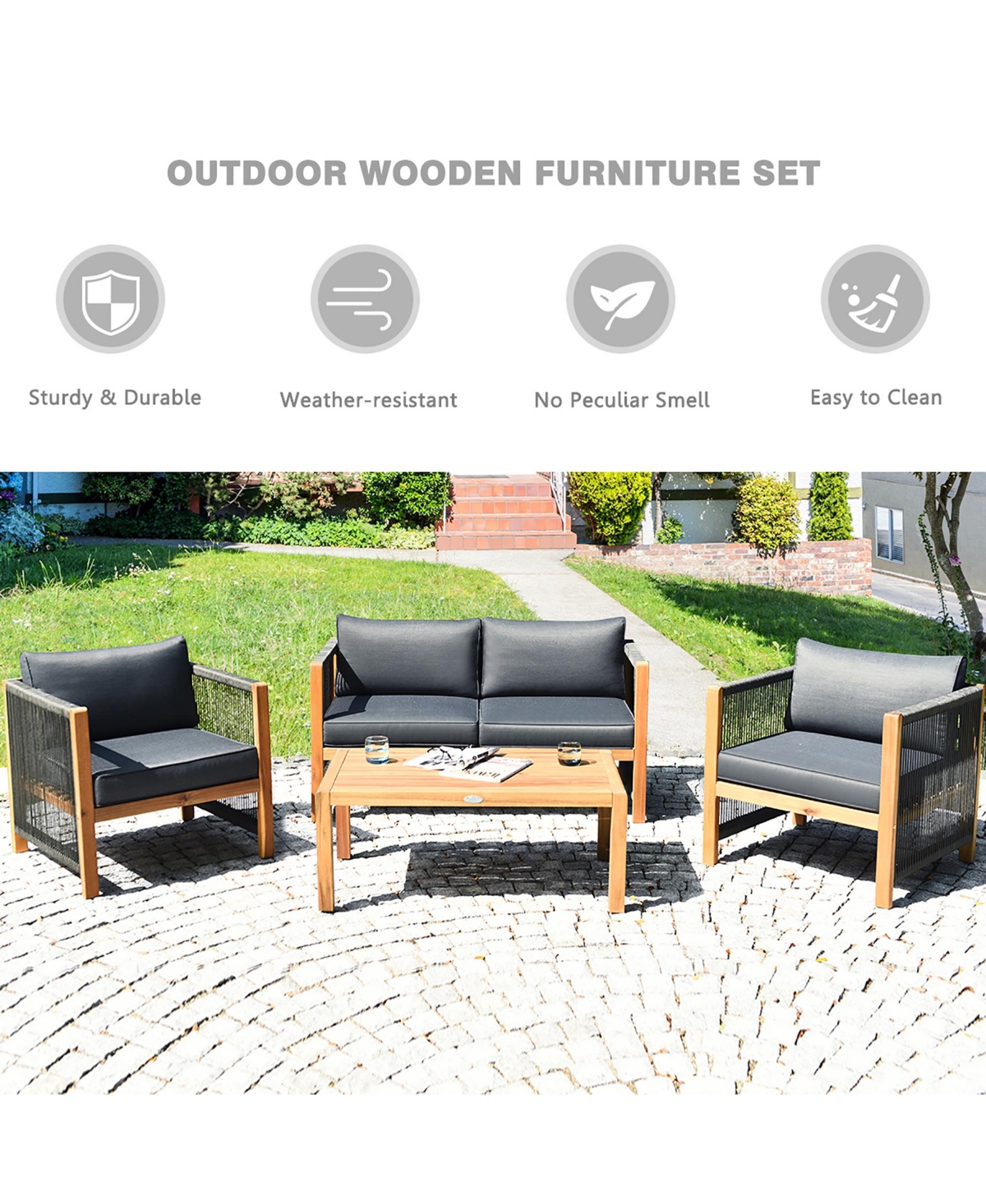 8 Pcs Acacia Wood Patio Conversation Set w/Cushions for Garden