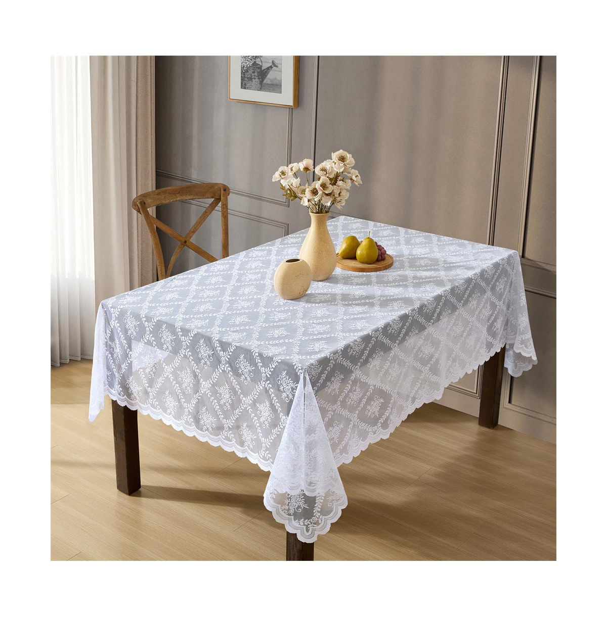 Isabella Floral Lace Fabric Tablecloth, Lace Fabric Table Cloth for Rectangle Tables, Wrinkle Resistant Tablecloth, Patterned Scalloped Tablecl
