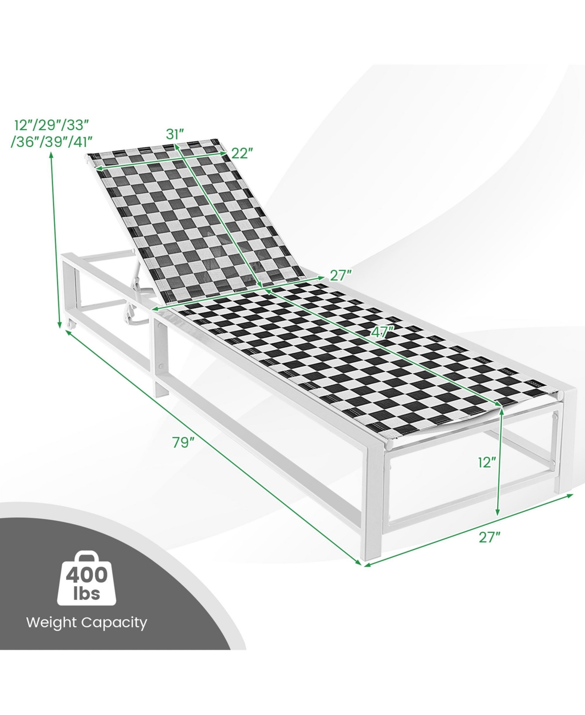 2PCS Patio Lounge Chair Chaise Adjustable Reclining Chair Garden Wheel