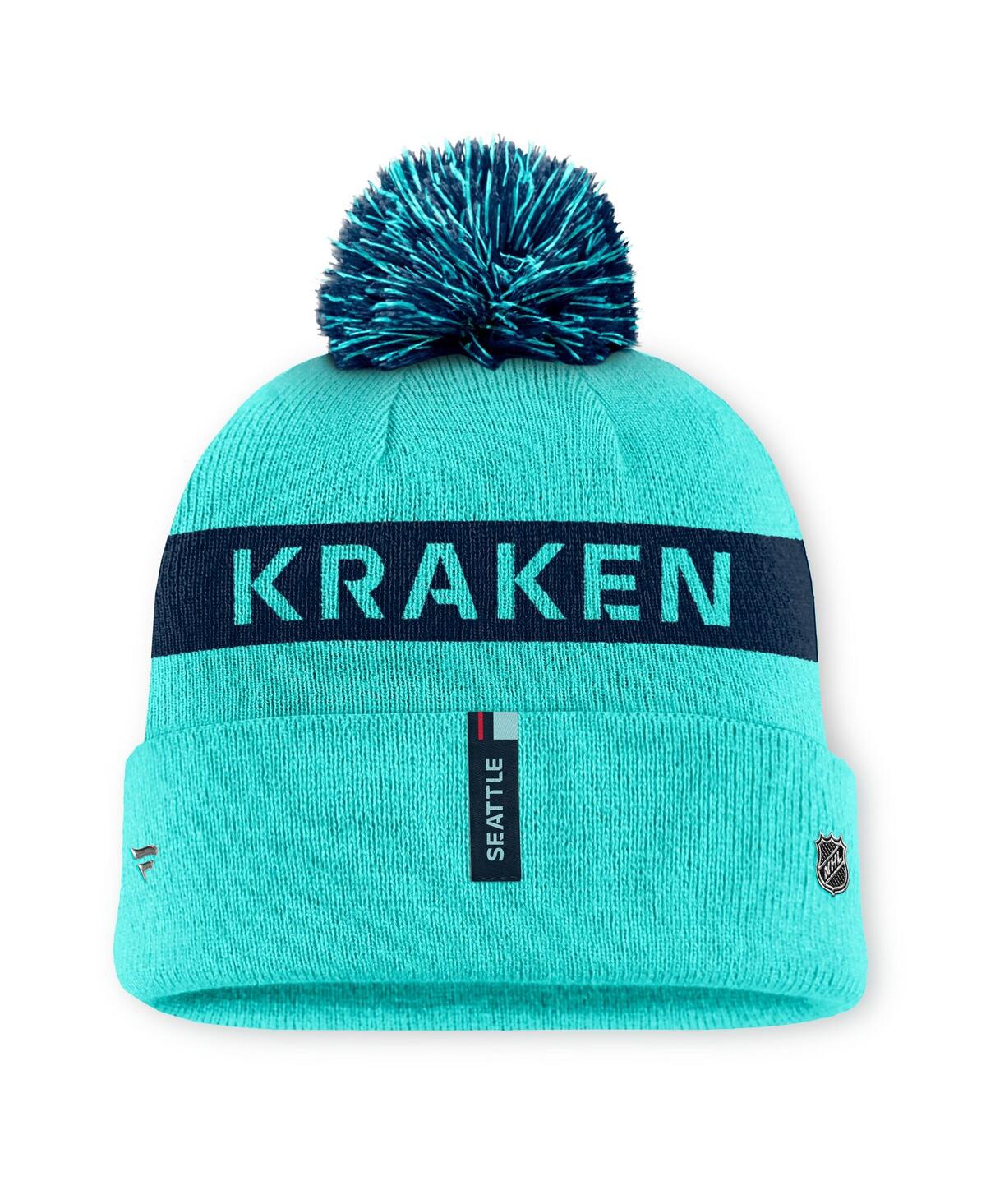 Fanatics Women's Light Blue/navy Seattle Kraken Authentic Pro Rink Cuffed Knit Hat With Pom In Light Blue,navy