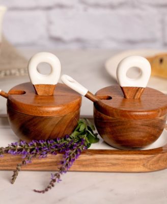 Wood Plus Collection 3 Dipping Bowls with Lids, Spoons and Tray, Set of 7