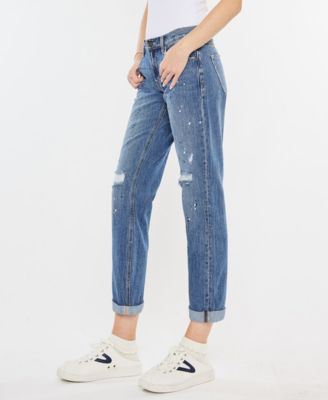 Women's Paint Effect Mid Rise Boyfriend Jeans