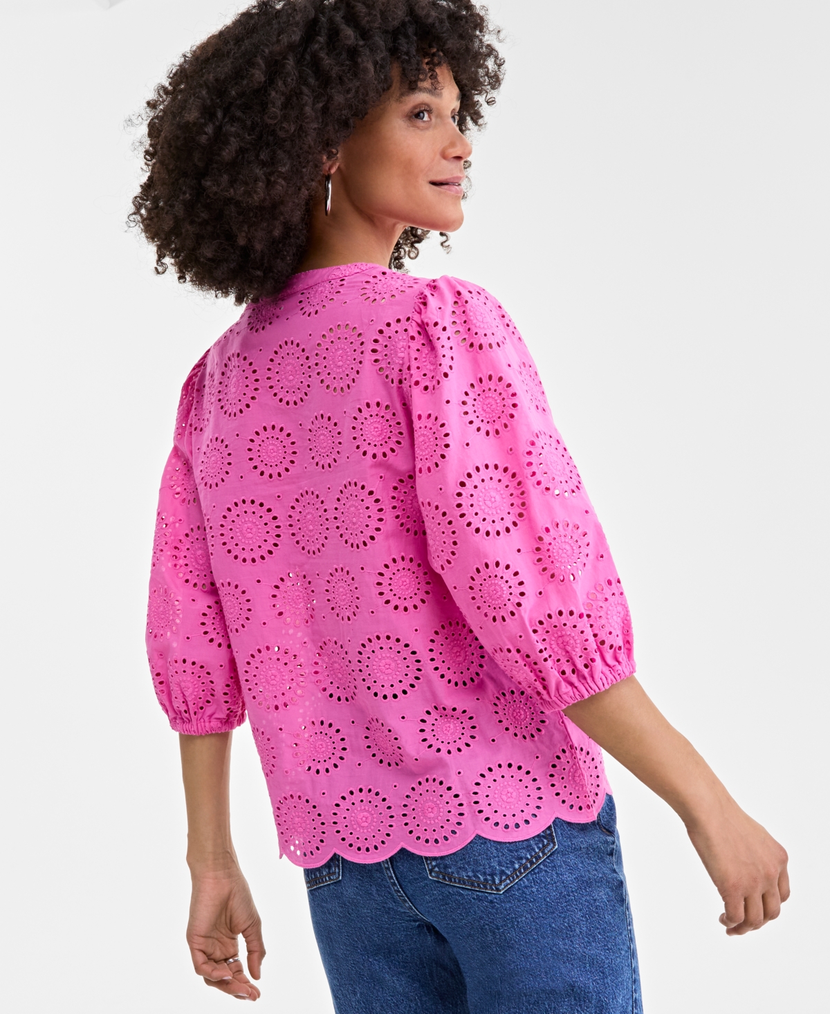 On 34th Women's Solid Eyelet Puff-sleeve Blouse, Created For Macy's In Strawberry