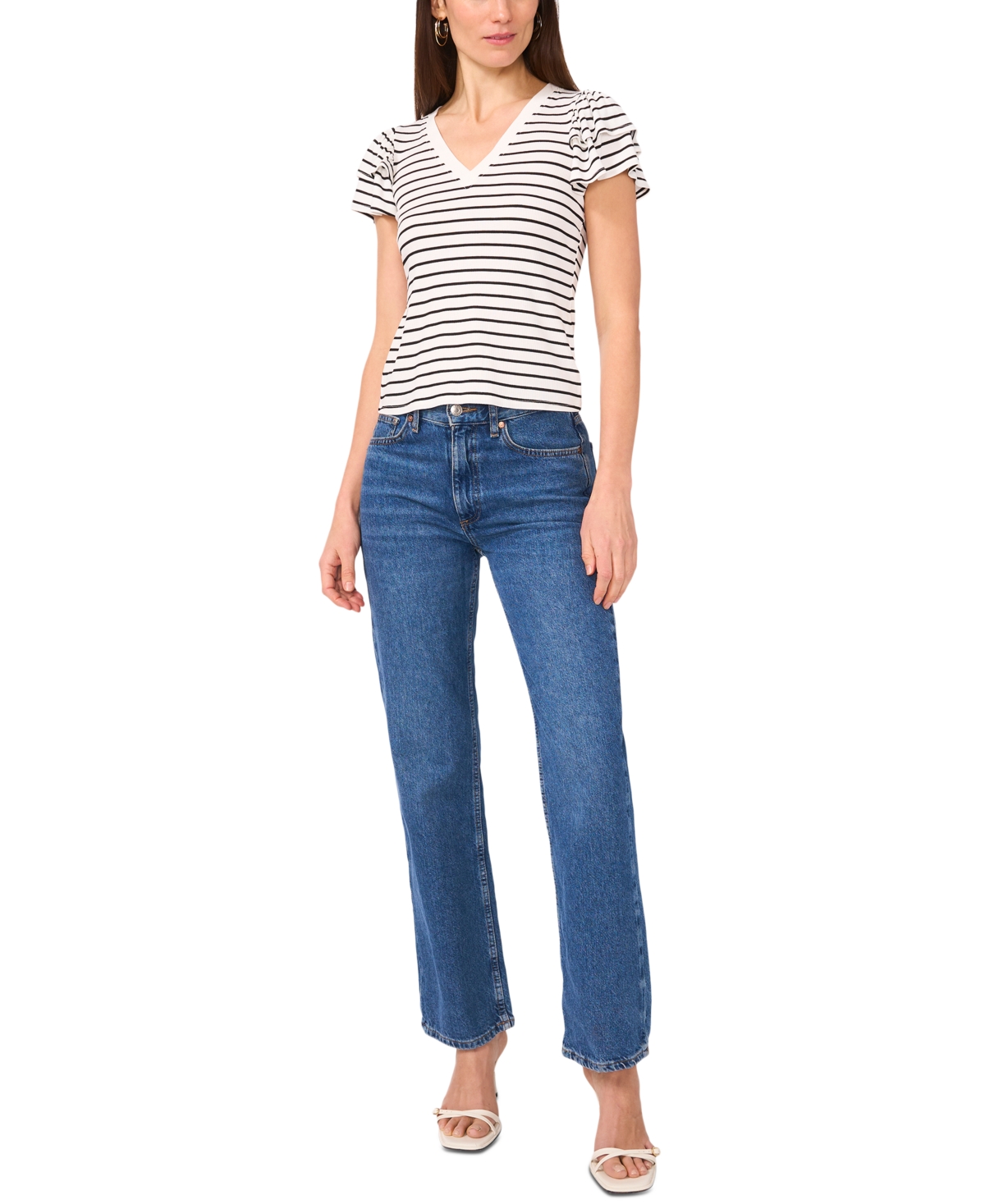 Sam & Jess Petite Ribbed Flutter-sleeve Striped Top In New Ivory Stipe