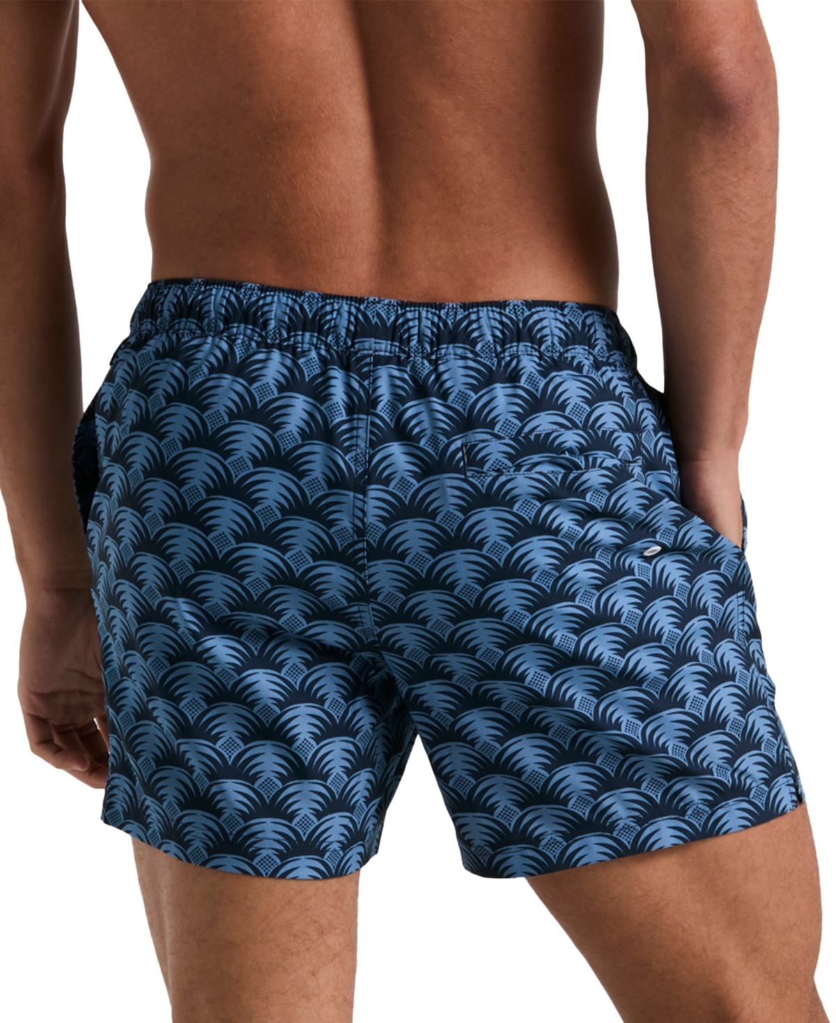 Original Penguin Men's Slim Fit Geo Palm Print Drawstring 5" Swim Trunks In Dark Sapphire