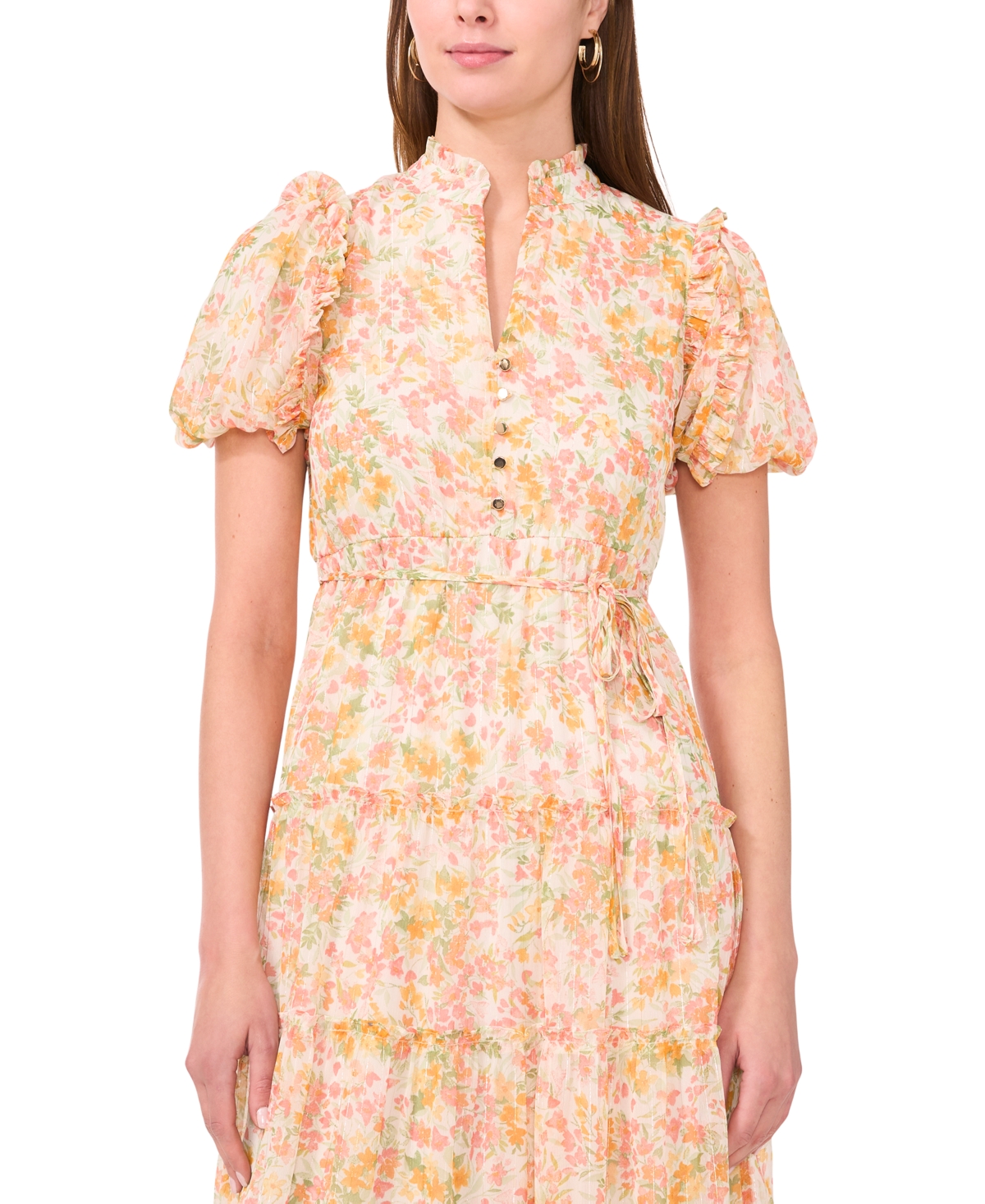 Msk Petite Printed Split-neck Tiered Maxi Dress In Coral Almond