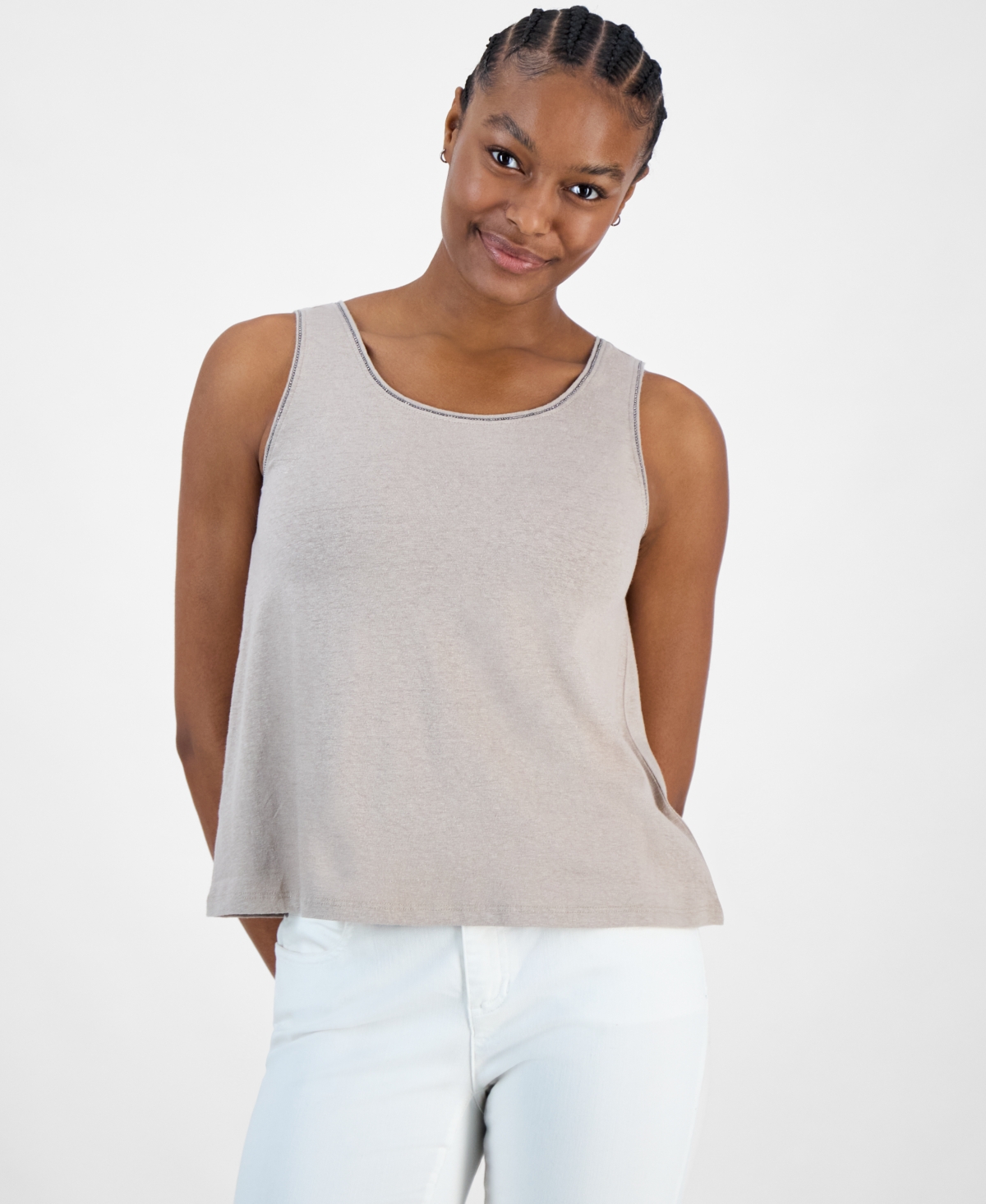 Charter Club Women's Embellished Linen-blend Tank Top, Exclusively At Macy's In Walnut Beige
