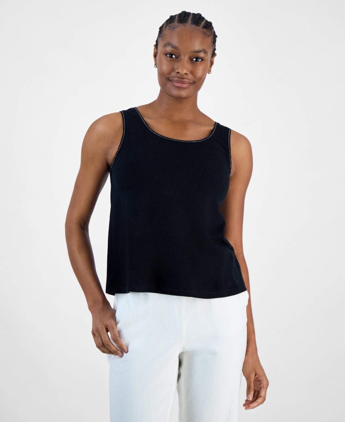 CHARTER CLUB WOMEN'S EMBELLISHED LINEN-BLEND TANK TOP, EXCLUSIVELY AT MACY'S 