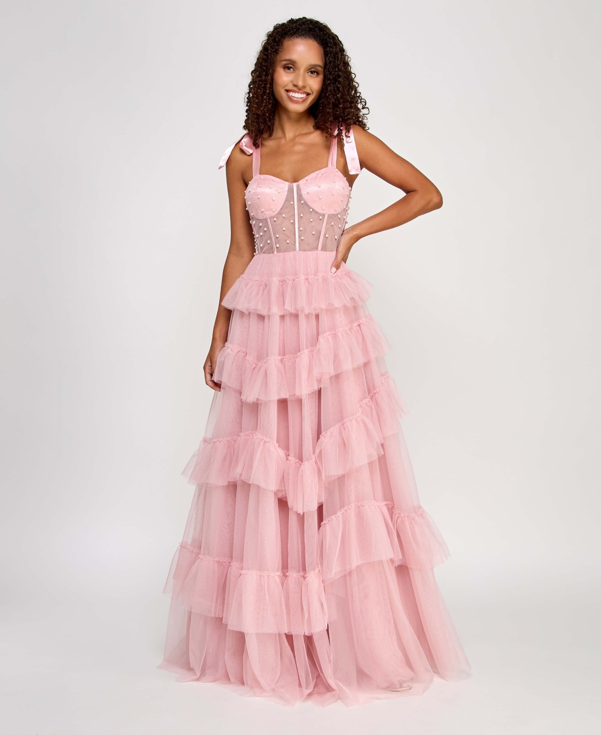 Juniors' Faux-Pearl-Corset Ruffled-Skirt Ball Gown, Created for Macy's - Blush