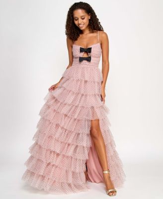Juniors' Ruffled Side-Slit Bow-Trim Ball Gown