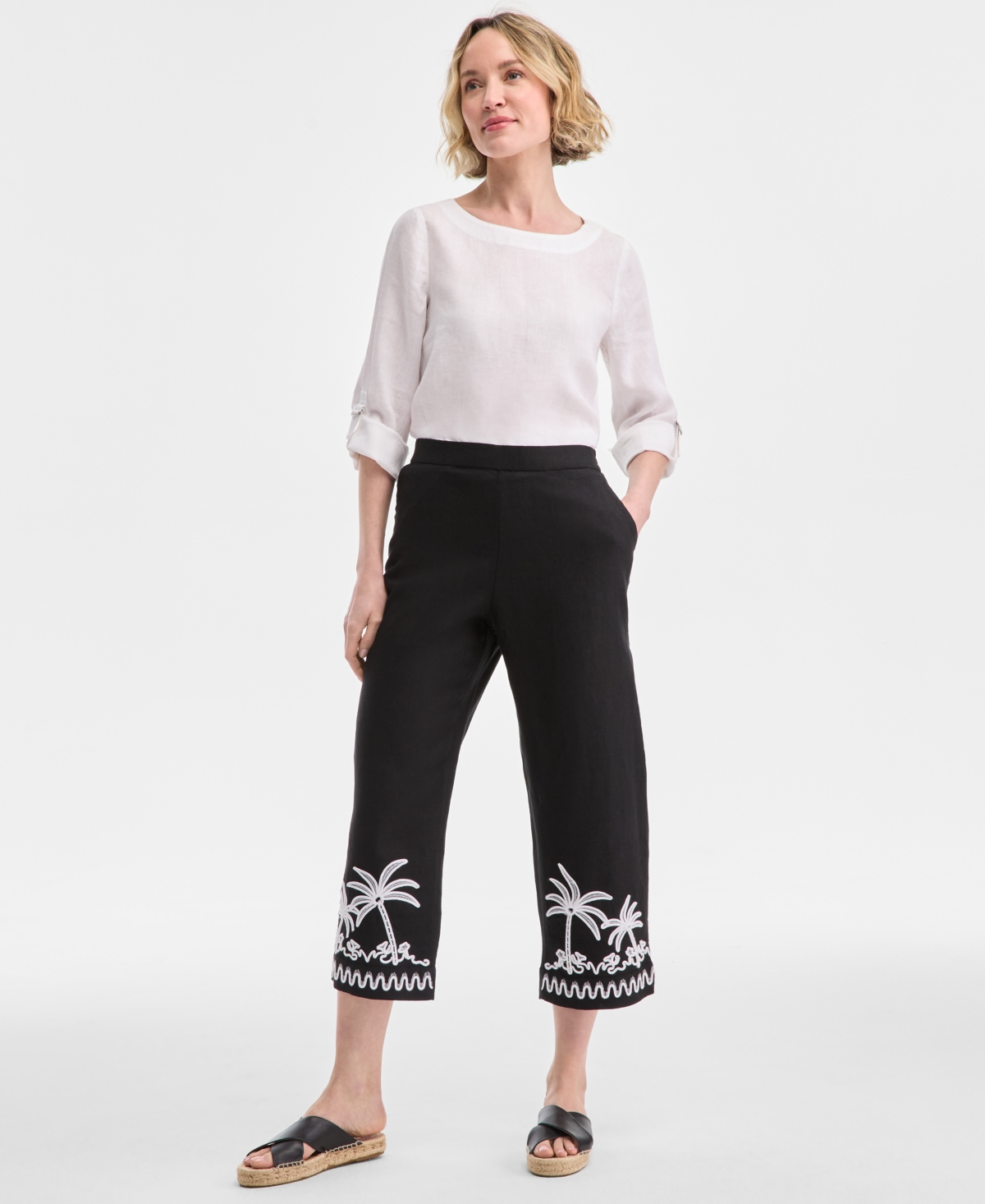 CHARTER CLUB WOMEN'S EMBROIDERED 100% LINEN CROPPED PANTS, EXCLUSIVELY AT MACY'S 
