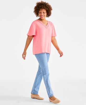 売れ筋商品|||スタイルアンドコー カットソー トップス レディース Petite Lace-Trimmed V-Neck Pullover Top, Exclusively at Macy's Salmon Ros Style & Co Petite Lace-Trimmed V-Neck Pullover Top