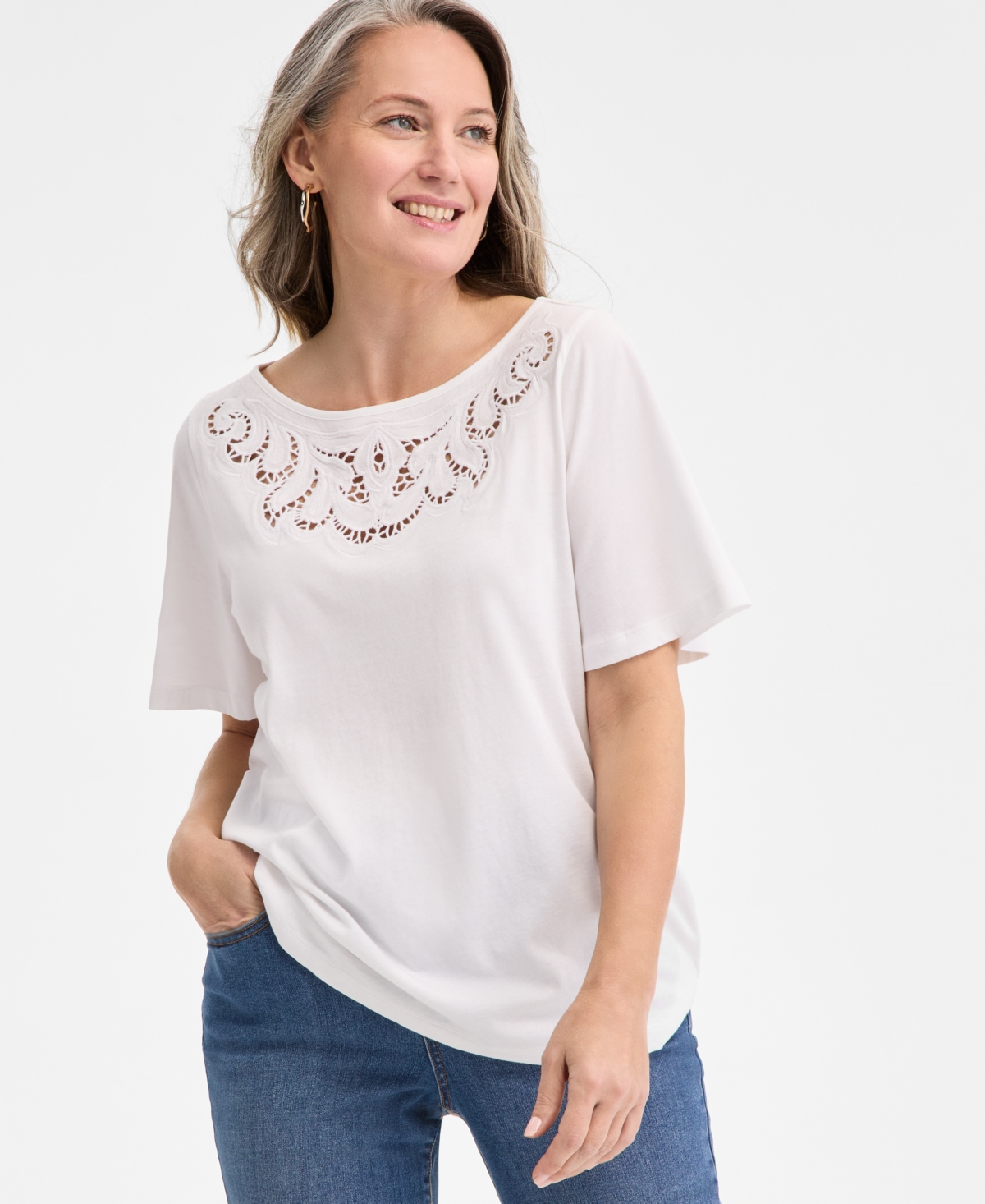 Petite Crochet-Trimmed Short-Sleeve Knit Top, Exclusively at Macy's - Alice Ind