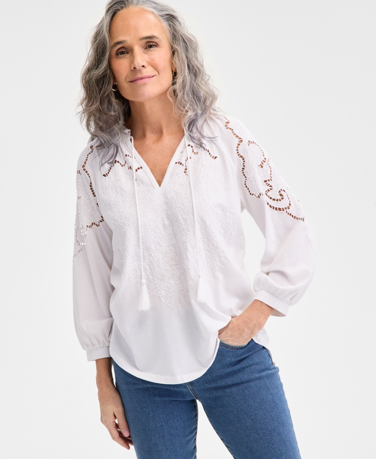 Women's Floral-Embroidered Tasseled-Tie Top, Exclusively at Macy's - Bright White