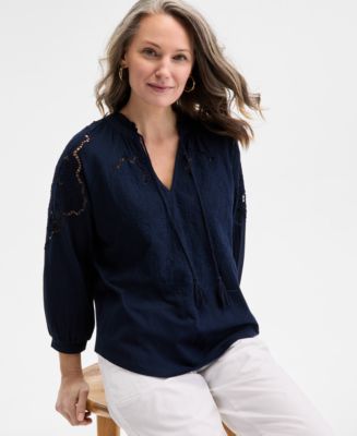 売れ筋商品|||スタイルアンドコー カットソー トップス レディース Petite Long-Sleeve V-Neck Embroidered Top, Exclusively at Macy's Bright White Style & Co Petite Long-Sleeve V-Neck Embroidered Top