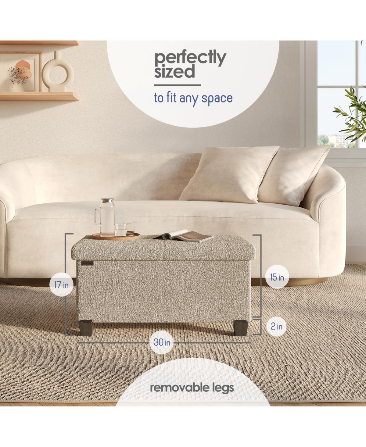 Rectangular Boucle Ottoman Storage Bench – Modern Foot Stool