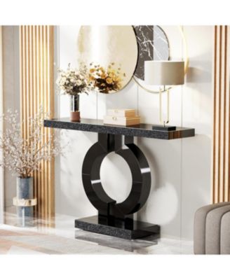 43-Inch Mirrored Console Table with O-Shaped Base, Modern Entryway Table Glass Sofa Table with Mirror Finish, Rectangle Narrow Accent Foyer Table for Living Room Hallway Entrance (Black)