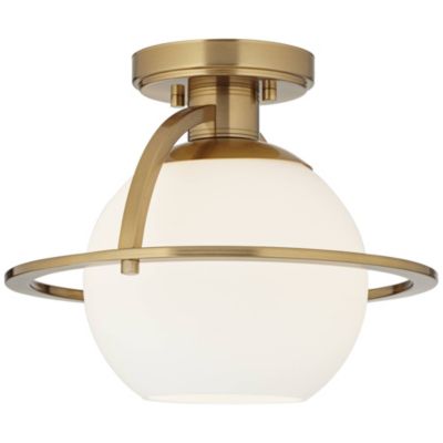 Oblys 12" Modern Semi Flush-Mount Ceiling Light Fixture Kitchen Foyer Round Warm Brass Finish White Glass