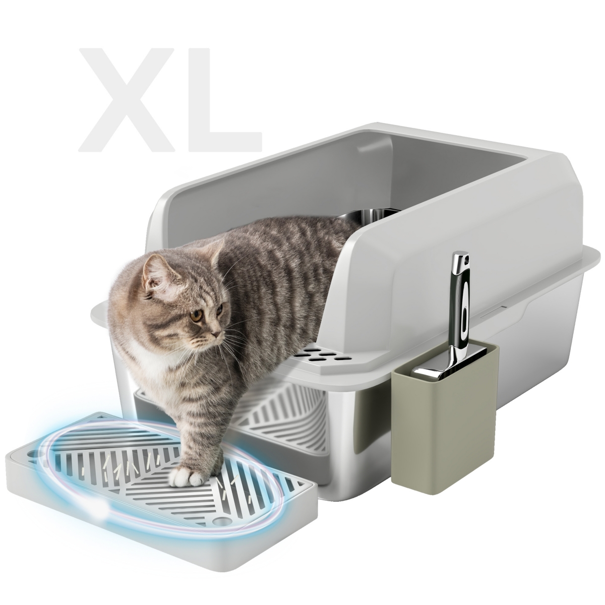 Stainless Steel Litter Box, High Sided Anti-Urine Leakage Non-Sticky - Light gray