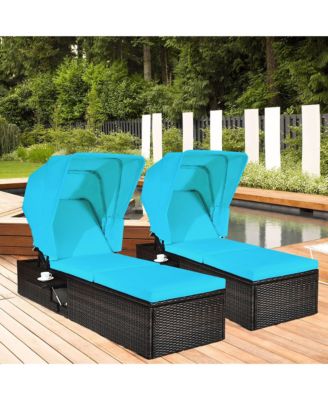 2PCS Patio Rattan Lounge Chair Chaise Cushioned Top Canopy Adjustable