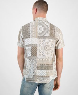Men's Regular-Fit Patchwork Tile-Print Button-Down Shirt