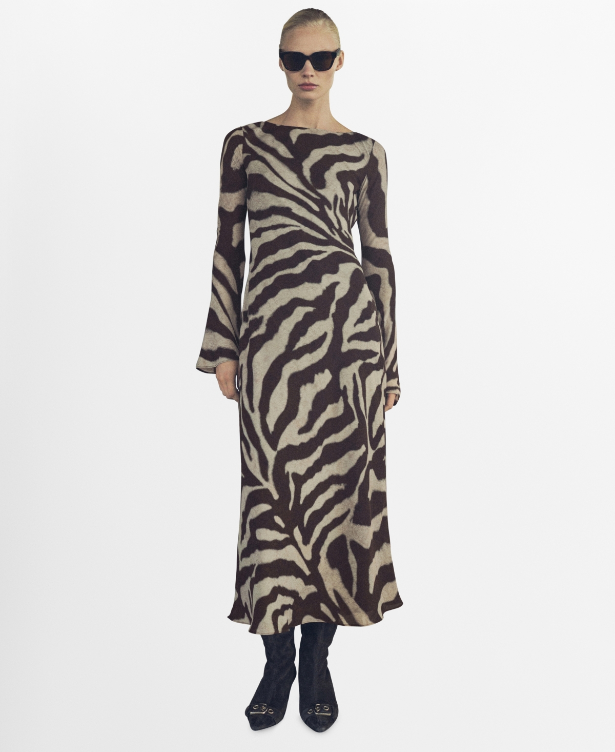 Mango Zebra Flared Dress Brown In Brown